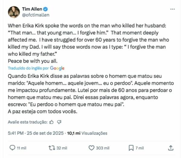 Testemunho da viúva de Charlie Kirk inspira ator a perdoar assassino de seu pai