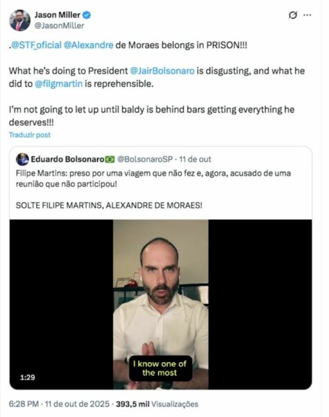 Conselheiro de Trump diz que não descansará até que Moraes seja preso