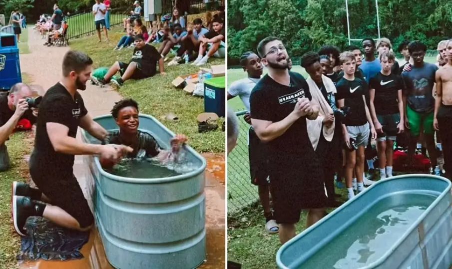 ‘Coisa de Deus’: atletas de futebol americano recebem batismo após treino