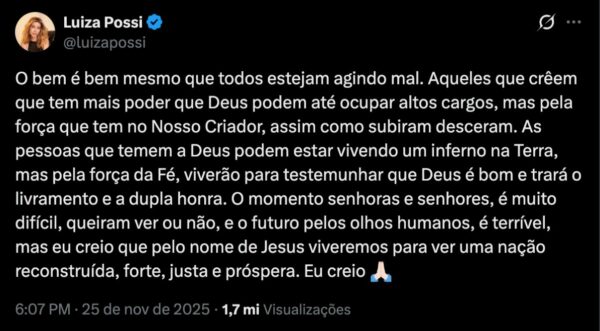 Luiza Possi desabafa contra os ‘ímpios no poder’ e sofre ataques da esquerda