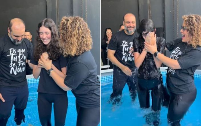 Filha de Rodrigo Faro e Vera Viel é batizada nas águas: ‘Renasceu’