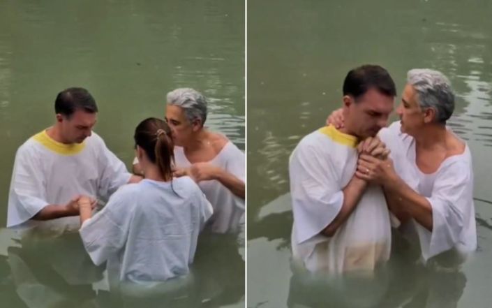 Em Israel, Flávio Bolsonaro e esposa são batizados no Rio Jordão