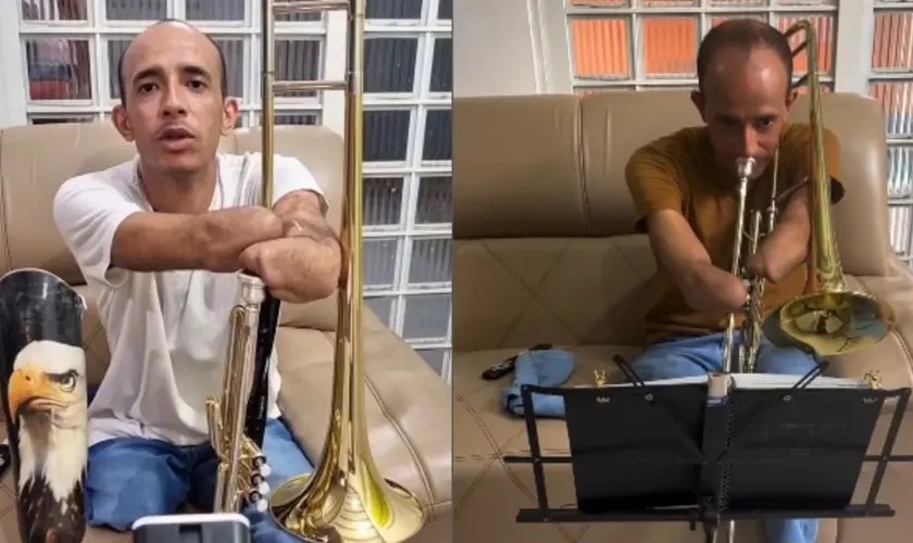 Mesmo amputado, cristão supera limitações para tocar trombone
