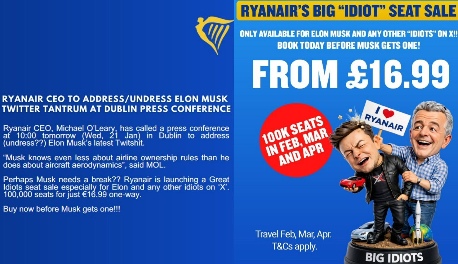 Ryanair anuncia ‘assento de idiota completo’ para Elon Musk; entenda