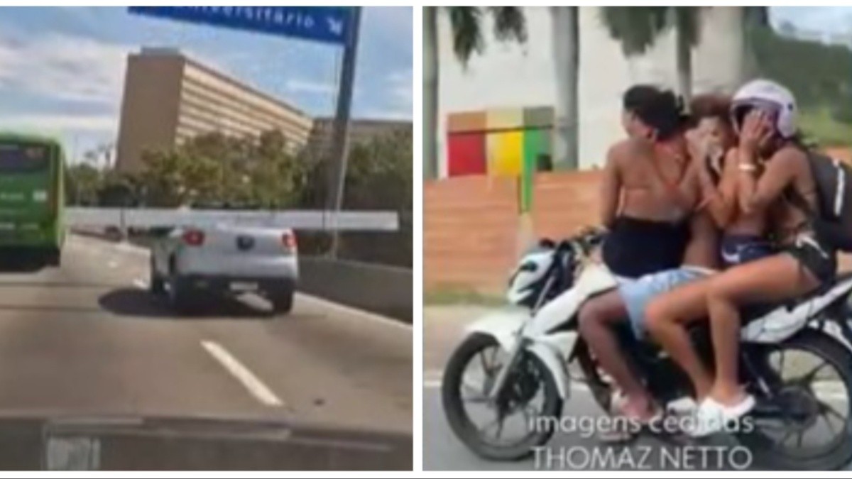 Vídeos mostram moto com quatro pessoas e carro transportando carga gigante na Linha Vermelha