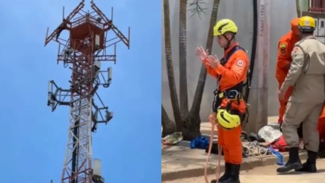 Bombeiro faz oração enquanto colega resgata homem de torre em Goiás