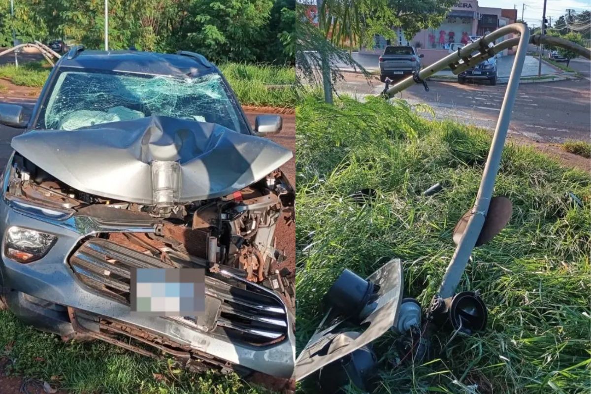 Motorista perde controle, bate caminhonete e derruba semáforo em MS