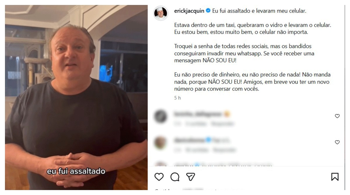 VÍDEO: Chef Erick Jacquin diz que celular foi roubado dentro do táxi