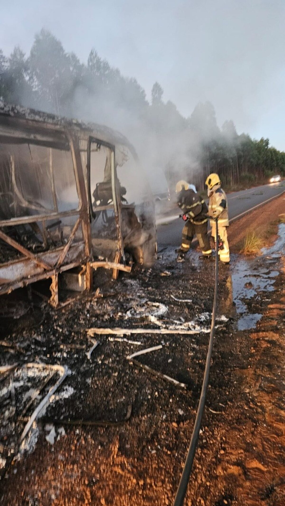Micro-ônibus que transportava time de futebol é destruído por incêndio na MG-214