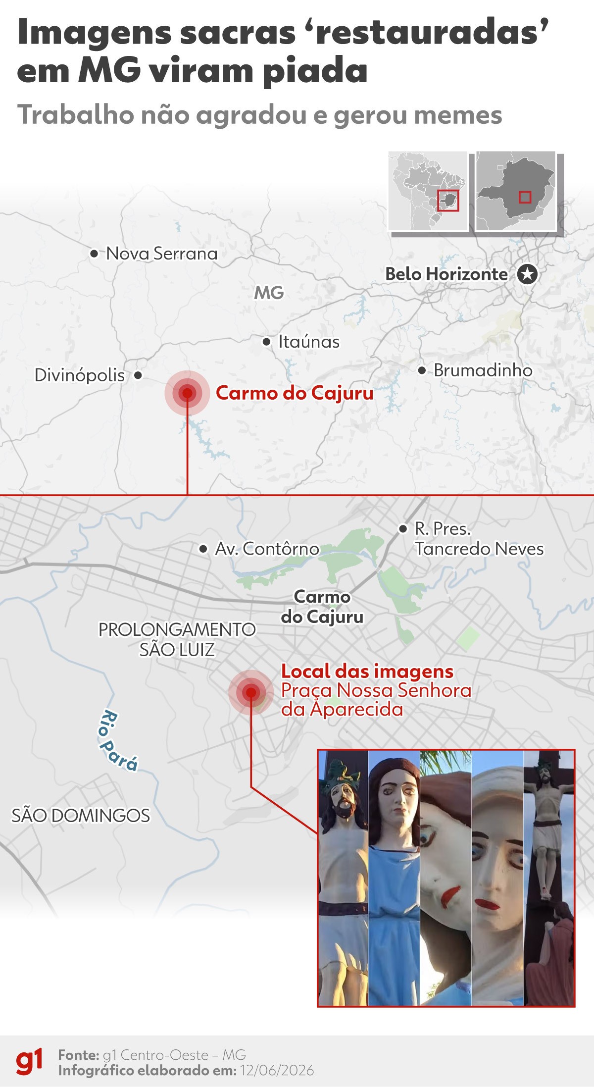 Pintura em estátuas sacras que 'desfigurou' imagens e virou piada em MG é apagada; veja ANTES e DEPOIS