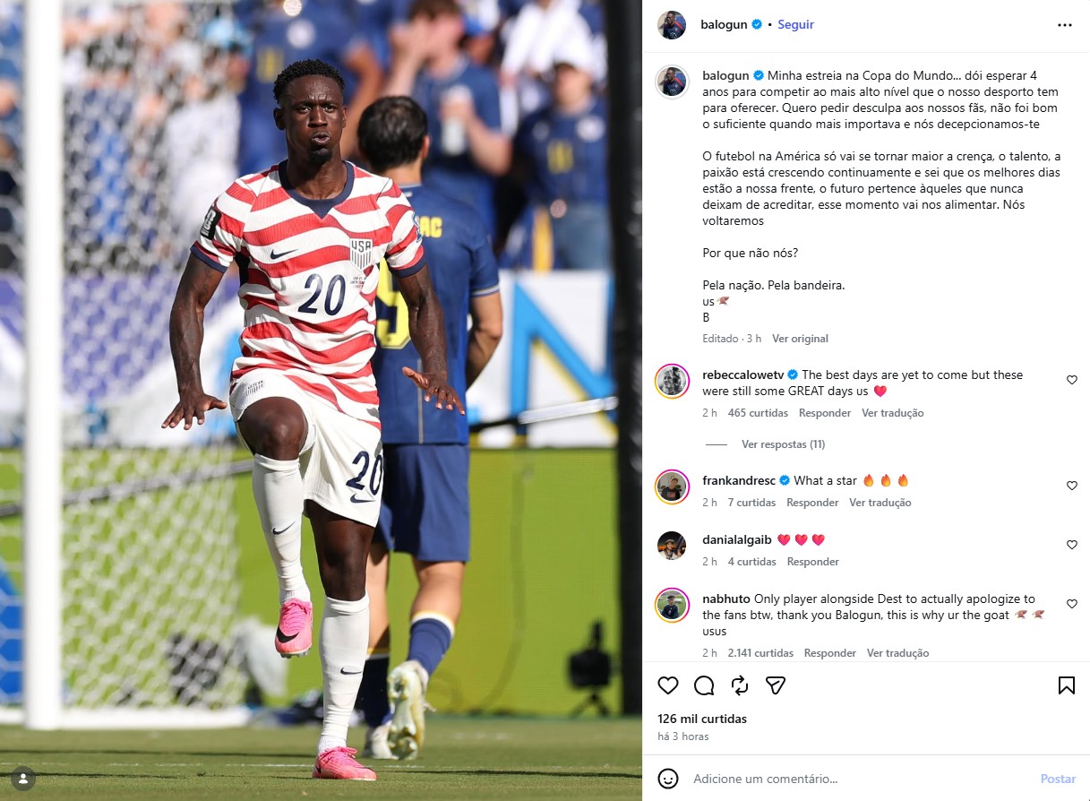 Balogun pede desculpas pela eliminação dos EUA na Copa: ‘Decepcionamos vocês’